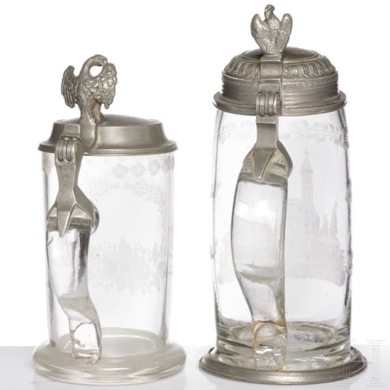 Zwei Walzenkr&uuml;ge mit Zinnmontierung, Sachsen, um 1800