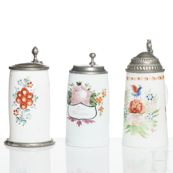 Three German or Bohemian pewter-mounted milk glass jugs, circa 1800