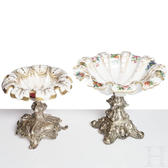 Zwei Aufsatzschalen mit Silberf&uuml;&szlig;en, B&ouml;hmen/deutsch, 19. Jhdt./um 1890