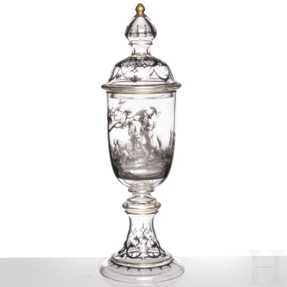 Gro&szlig;er Deckelpokal mit Jagdszene, J. & L. Lobmeyr, Wien, um 1880
