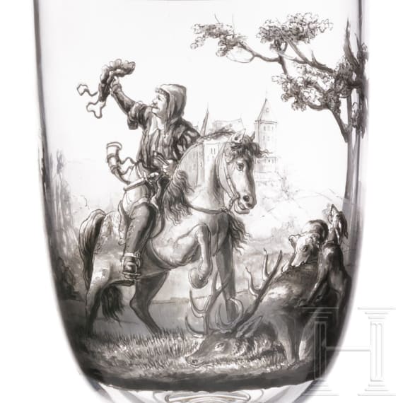 Gro&szlig;er Deckelpokal mit Jagdszene, J. & L. Lobmeyr, Wien, um 1880