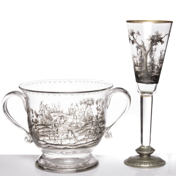 Gro&szlig;er Pokal und Henkelschale mit Jagdszene, J. & L. Lobmeyr, Wien, um 1880