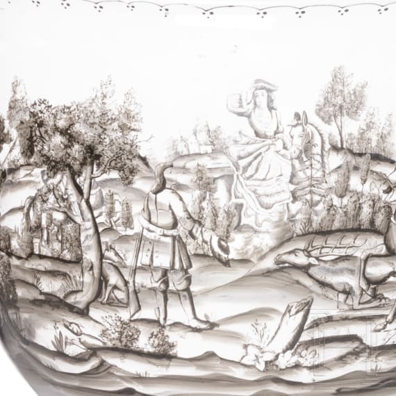 Gro&szlig;er Pokal und Henkelschale mit Jagdszene, J. & L. Lobmeyr, Wien, um 1880