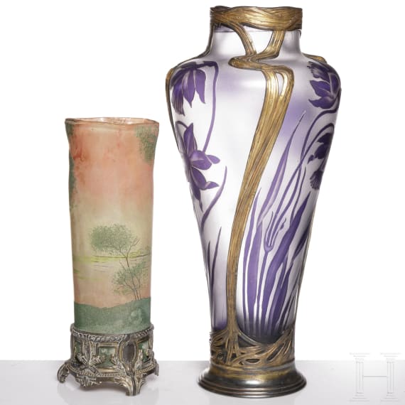 Zwei Jugendstil-Vasen mit Metallmontierung, Verreries de Saint-Denis, Legras & Cie, Nancy, Val Saint Lambert bzw. K&ouml;ln, Orivit-Metallwarenfabrik, um 1910