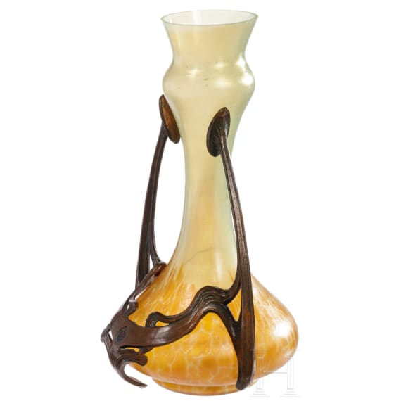 Jugendstilvase mit Metallmontierung, B&ouml;hmen, Glasfabrik Elisabeth, Pallme-K&ouml;nig & Habel, Kosten bei Teplitz, um 1900 - 1905