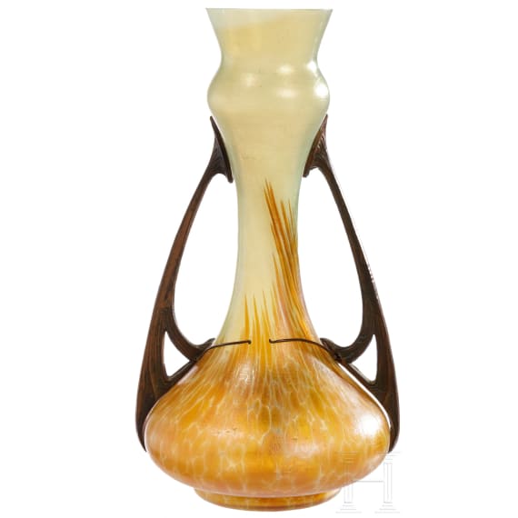 Jugendstilvase mit Metallmontierung, B&ouml;hmen, Glasfabrik Elisabeth, Pallme-K&ouml;nig & Habel, Kosten bei Teplitz, um 1900 - 1905