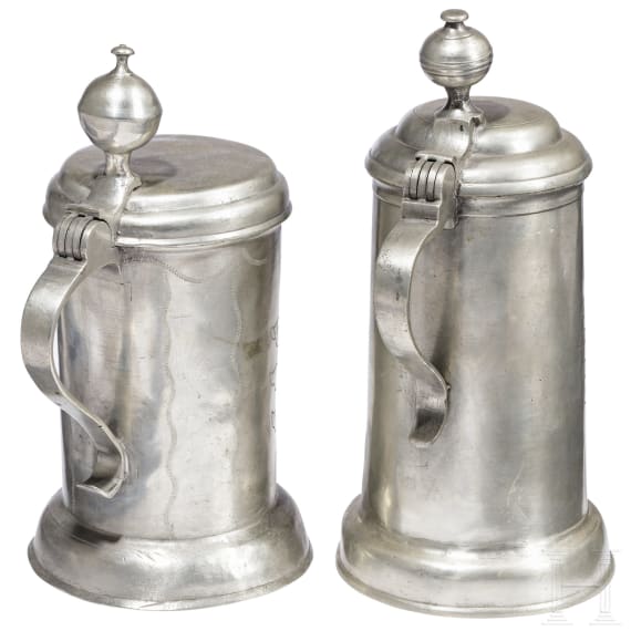 Zwei Walzenkr&uuml;ge aus Zinn, Marienberg und Chemnitz, datiert 1783 und 1785