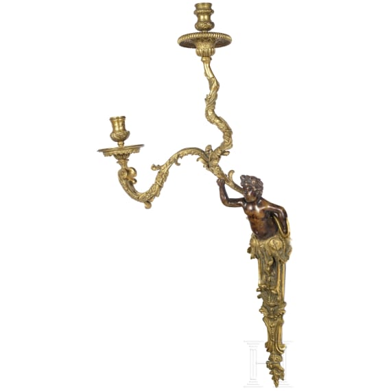 Feuervergoldeter zweiflammiger Wandleuchter mit Putto, Frankreich, 19. Jhdt.