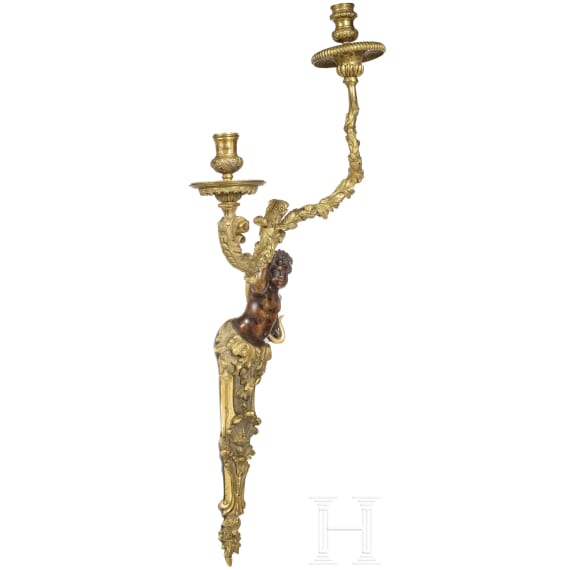 Feuervergoldeter zweiflammiger Wandleuchter mit Putto, Frankreich, 19. Jhdt.