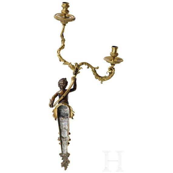 Feuervergoldeter zweiflammiger Wandleuchter mit Putto, Frankreich, 19. Jhdt.