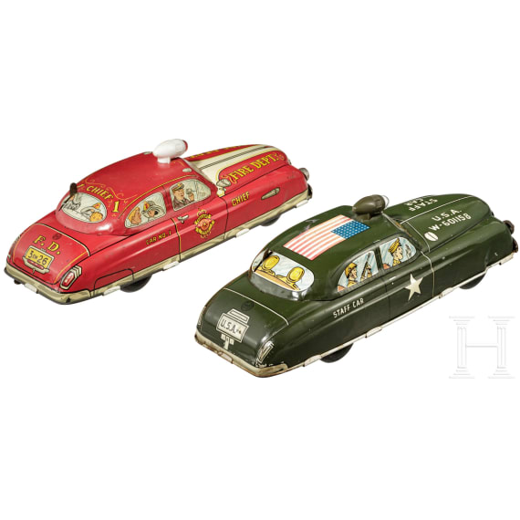 Two Marx tin cars, a Fire Department Chief Car No. 1 and a US-Army Military Staff Car W-601158