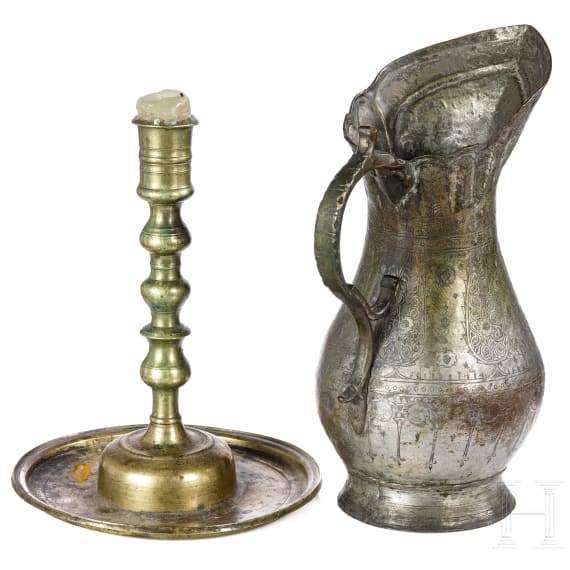 An Ottoman candlestick and a copper jug, 18th/19th century