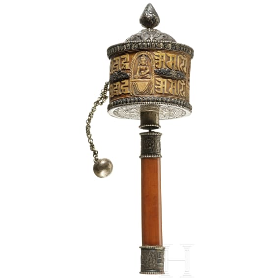 Silbermontierte Gebetsm&uuml;hle, Tibet, 19. Jhdt.