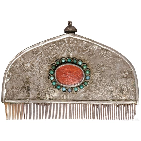 Silbermontierter und steinbesetzter Kamm, Tibet, 20. Jhdt.