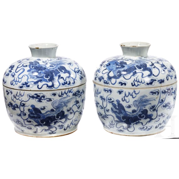 Two Chinese lidded bowls with blue-white painting, 20th century
