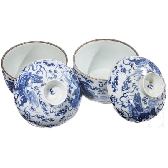 Two Chinese lidded bowls with blue-white painting, 20th century