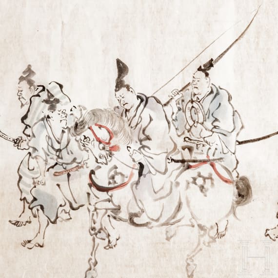 A Japanese ink drawing of a group of samurai, late Edo period