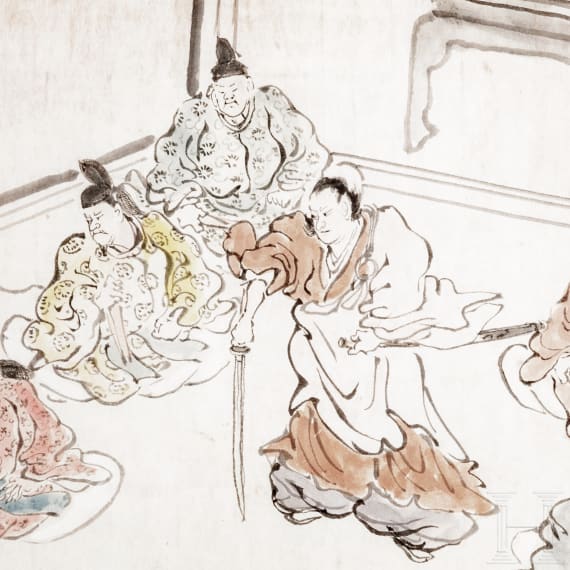 Tuschezeichnung von sechs Samurais, Japan, sp&auml;te Edo-Periode