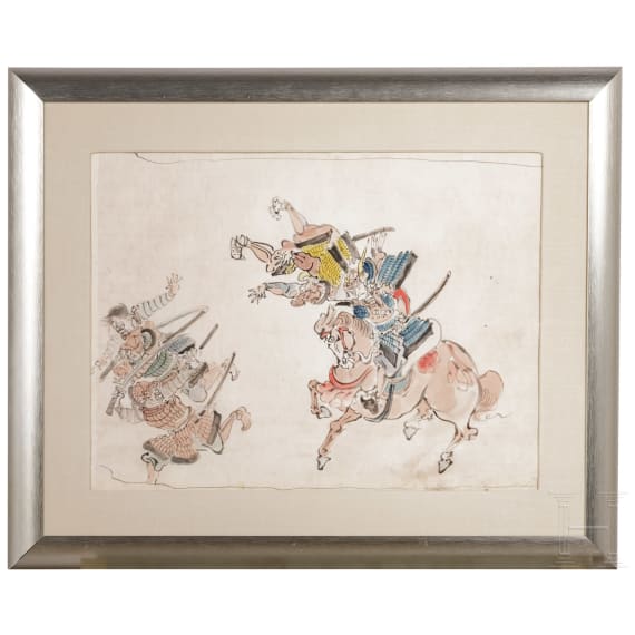 A Japanese ink drawing of a rider against foot soldiers, late Edo period