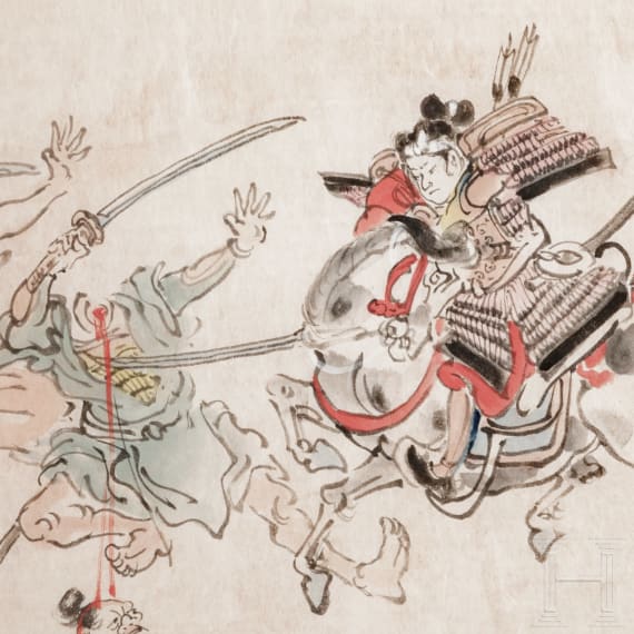 Tuschezeichnung eines berittenen Samurais, Japan, sp&auml;te Edo-Periode