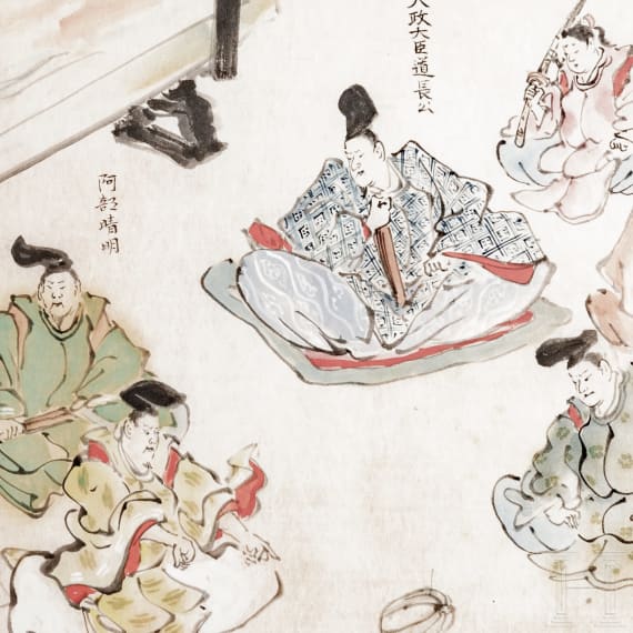 A Japanese ink drawing of a court scene, late Edo period