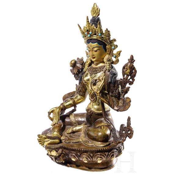 Grüne-Tara-Bronzefigur, Nepal, 19. Jhdt.