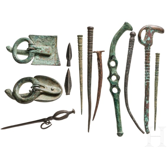Seven bronze needles and further metal objects, prehistoric to Roman
