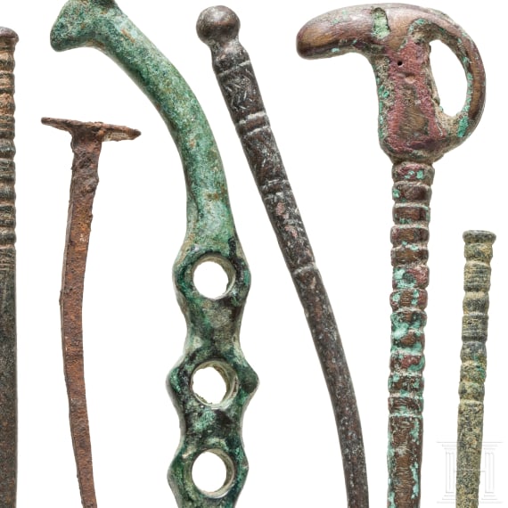 Seven bronze needles and further metal objects, prehistoric to Roman