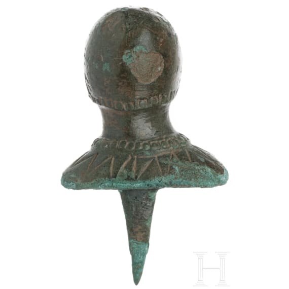 Möbelbeschlag in Form eines Kopfes, Bronze, römisch, 1. - 2. Jhdt.