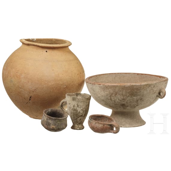Five ceramic vessels, Roman and others