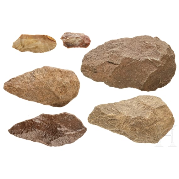 Six Palaeolithic stone tools, 100,000 - 10,000 B.C.