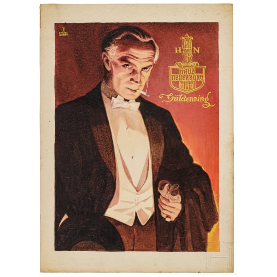 Willi Engelhardt - Zigaretten- und Spirituosenwerbung f&uuml;r "G&uuml;ldenring" und "Scharlachberg", 1930er Jahre
