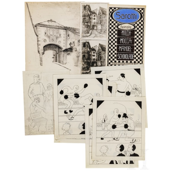 Willi Engelhardt - Mappe mit Studienarbeiten mit Selbstportraits, Zeppelin-Luftschiff, Zeichentrickfilm und Architektur-Radierungen, 1920er Jahre