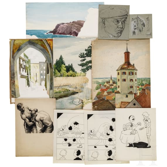 Willi Engelhardt - Mappe mit Studienarbeiten mit Selbstportraits, Zeppelin-Luftschiff, Zeichentrickfilm und Architektur-Radierungen, 1920er Jahre