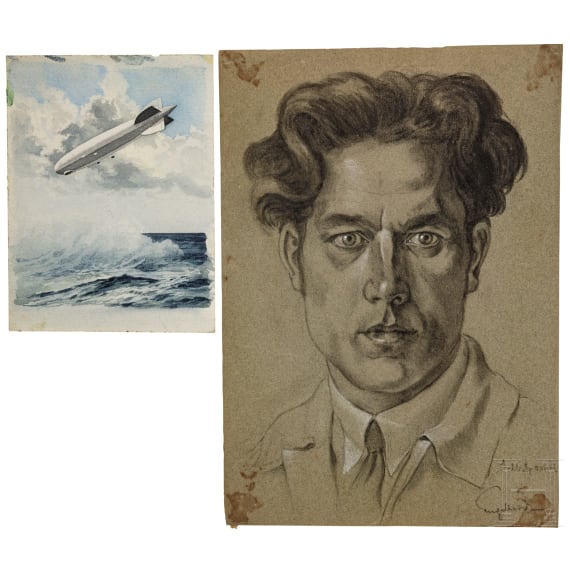 Willi Engelhardt - Mappe mit Studienarbeiten mit Selbstportraits, Zeppelin-Luftschiff, Zeichentrickfilm und Architektur-Radierungen, 1920er Jahre