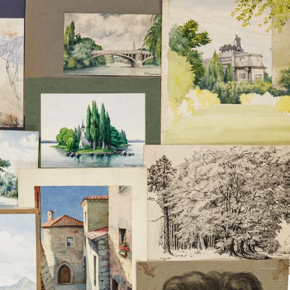 Willi Engelhardt - Mappe mit Studienarbeiten mit Selbstportraits, Zeppelin-Luftschiff, Zeichentrickfilm und Architektur-Radierungen, 1920er Jahre