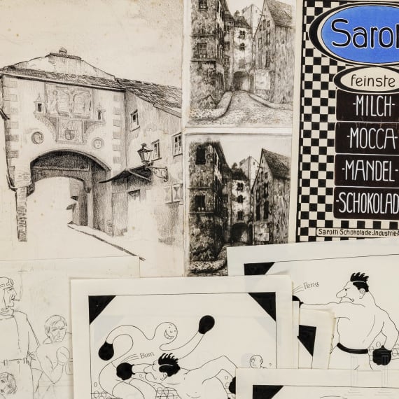Willi Engelhardt - Mappe mit Studienarbeiten mit Selbstportraits, Zeppelin-Luftschiff, Zeichentrickfilm und Architektur-Radierungen, 1920er Jahre