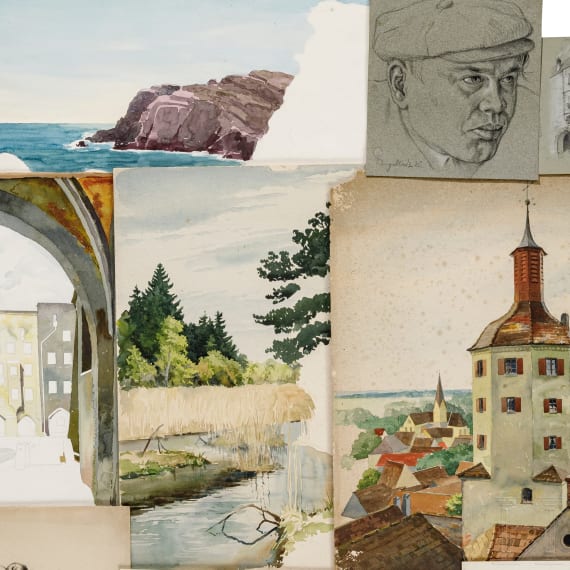 Willi Engelhardt - Mappe mit Studienarbeiten mit Selbstportraits, Zeppelin-Luftschiff, Zeichentrickfilm und Architektur-Radierungen, 1920er Jahre