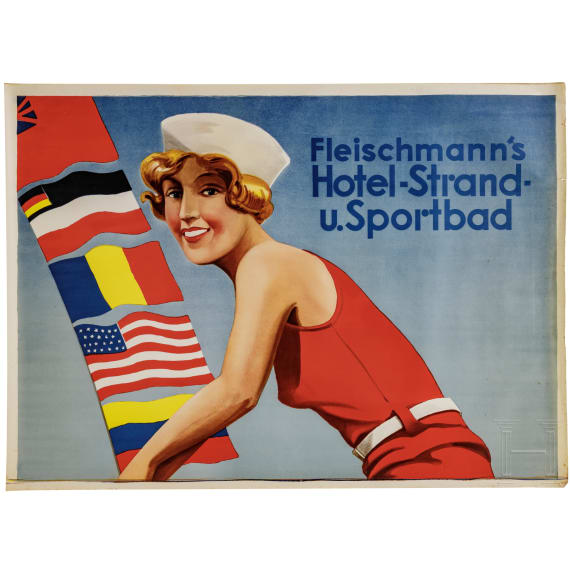 Willi Engelhardt - gro&szlig;formatiges zweiteiliges Plakat als Entwurf f&uuml;r "Fleischmann's Hotel-Strand-u. Sportbad" in Steinebach am W&ouml;rthsee in Oberbayern, um 1930