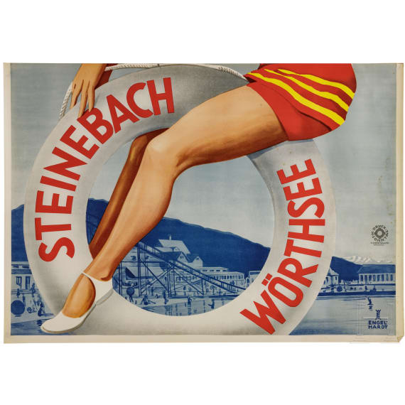 Willi Engelhardt - gro&szlig;formatiges zweiteiliges Plakat als Entwurf f&uuml;r "Fleischmann's Hotel-Strand-u. Sportbad" in Steinebach am W&ouml;rthsee in Oberbayern, um 1930