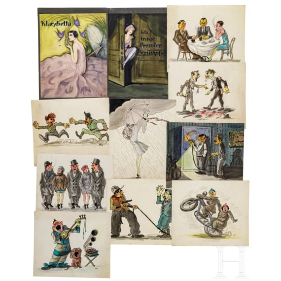 Franz Anton Sindel - Mappe mit Studienarbeiten mit Karikaturen, Plakatentw&uuml;rfen, Federzeichnungen, 1920er Jahre