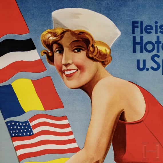 Willi Engelhardt - gro&szlig;formatiges zweiteiliges Plakat als Entwurf f&uuml;r "Fleischmann's Hotel-Strand-u. Sportbad" in Steinebach am W&ouml;rthsee in Oberbayern, um 1930