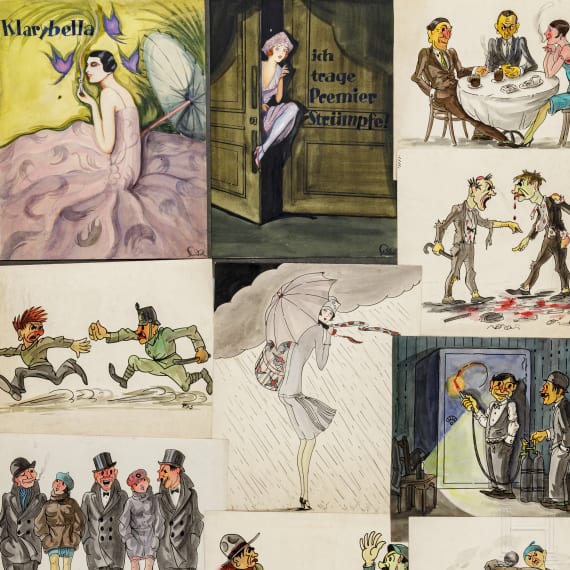 Franz Anton Sindel - Mappe mit Studienarbeiten mit Karikaturen, Plakatentw&uuml;rfen, Federzeichnungen, 1920er Jahre