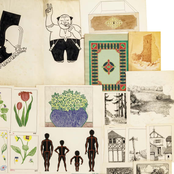 Willi Engelhardt - Aquarelle und Zeichnungen, teils Gouachefarben, aus seiner Studienzeit an der Kunstgewerbeschule in Mainz und der Akademie in M&uuml;nchen, 1920er - 1930er Jahre