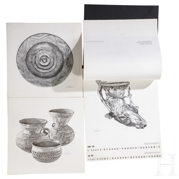 Willi Engelhardt - zw&ouml;lf Kunstbl&auml;tter, 1974, und vier Bl&auml;tter der "Keramik-Sammlung Edelmann", 1975, sowie ein Kalender "Edelmann - Das Gold der Thraker", 1981