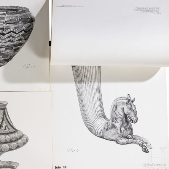 Willi Engelhardt - zw&ouml;lf Kunstbl&auml;tter, 1974, und vier Bl&auml;tter der "Keramik-Sammlung Edelmann", 1975, sowie ein Kalender "Edelmann - Das Gold der Thraker", 1981