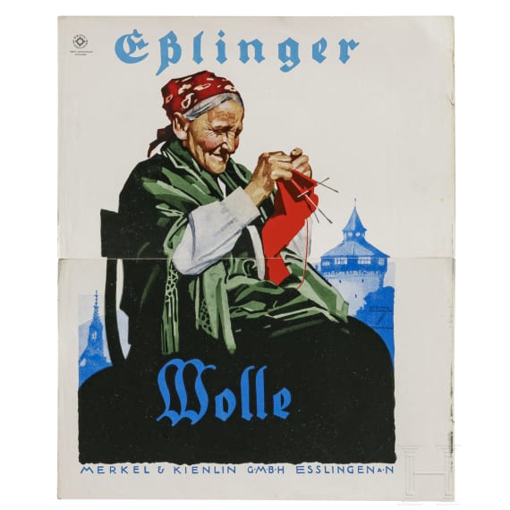 Zwei Plakate - eine Vorlage von Hermann-Sonntag-Druck f&uuml;r "E&szlig;linger Wolle", Entwurf Ludwig Hohlwein, und ein Werbeplakat f&uuml;r "Rotti Fleischw&uuml;rfel"