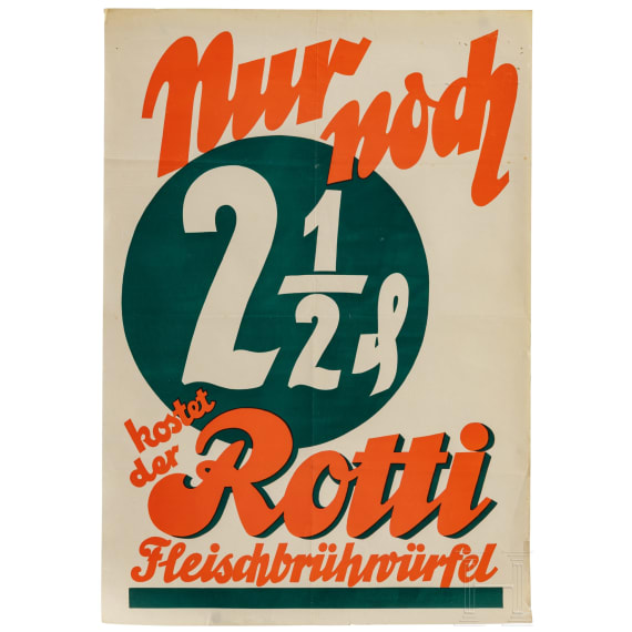 Zwei Plakate - eine Vorlage von Hermann-Sonntag-Druck f&uuml;r "E&szlig;linger Wolle", Entwurf Ludwig Hohlwein, und ein Werbeplakat f&uuml;r "Rotti Fleischw&uuml;rfel"