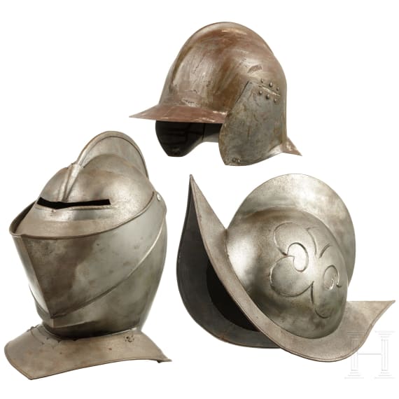 Three helmets, collector's replicas in the style of the 16th/17th century