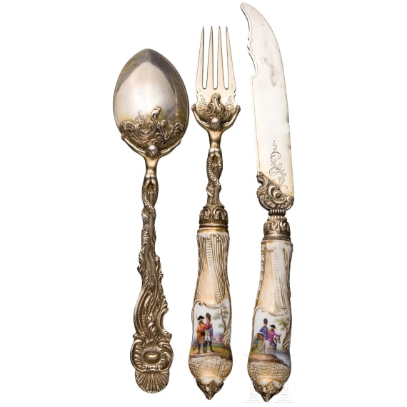 Vermeille luxury cutlery with porcelain handles, Vienna, circa 1880